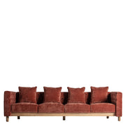 Kortárs stílusú, fenyőfából és tölgyfából készült, burgundi vörös színű, bársonyhatású poliészter szövettel kárpitozott kanapé