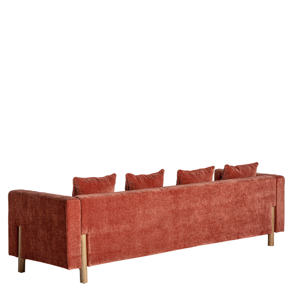 Kortárs stílusú, fenyőfából és tölgyfából készült, burgundi vörös színű, bársonyhatású poliészter szövettel kárpitozott kanapé