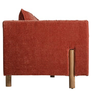 Kortárs stílusú, fenyőfából és tölgyfából készült, burgundi vörös színű, bársonyhatású poliészter szövettel kárpitozott kanapé