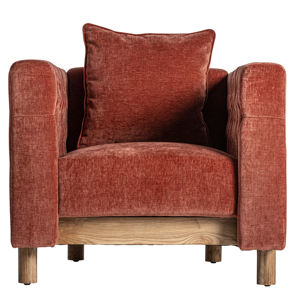 Kortárs stílusú, fenyőfából és tölgyfából készült, burgundi vörös színű, bársonyhatású poliészter szövettel kárpitozott dizájn fotel