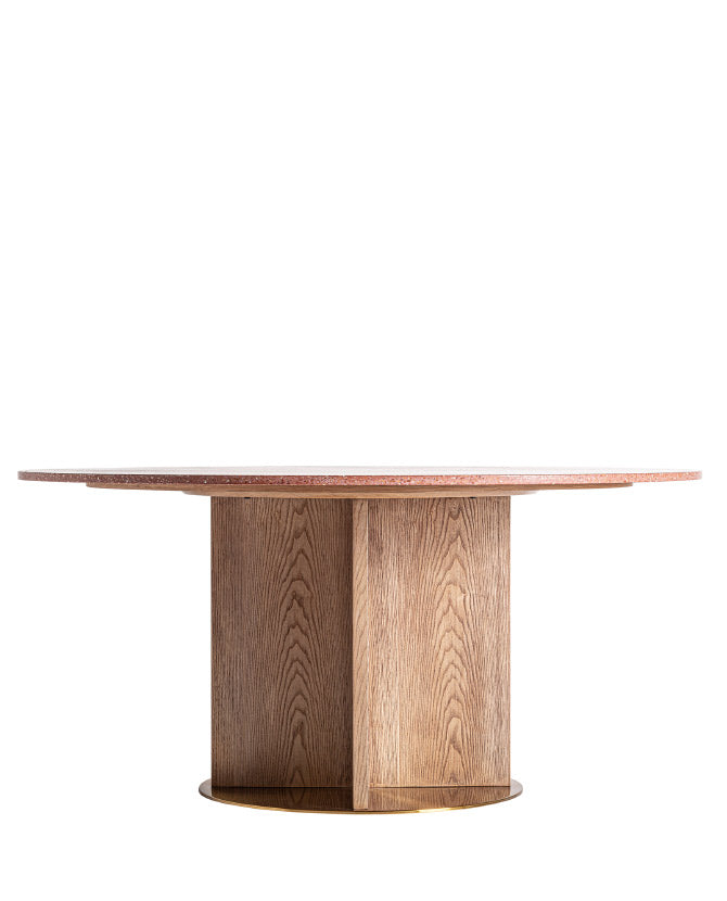 Kortárs, fenyőfa értezőasztal, salakvörös színű, terrazzo fedlappal és aranyszínű fém talapzattal