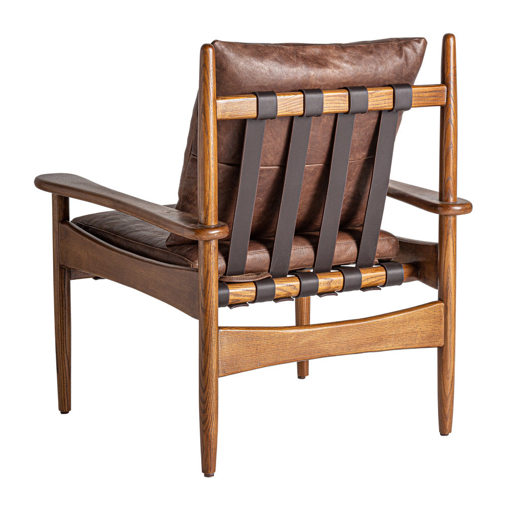 Loft stílusú, kőrisfából készült, desing karosszék, barna színű bőr ülő- és hátpárnával