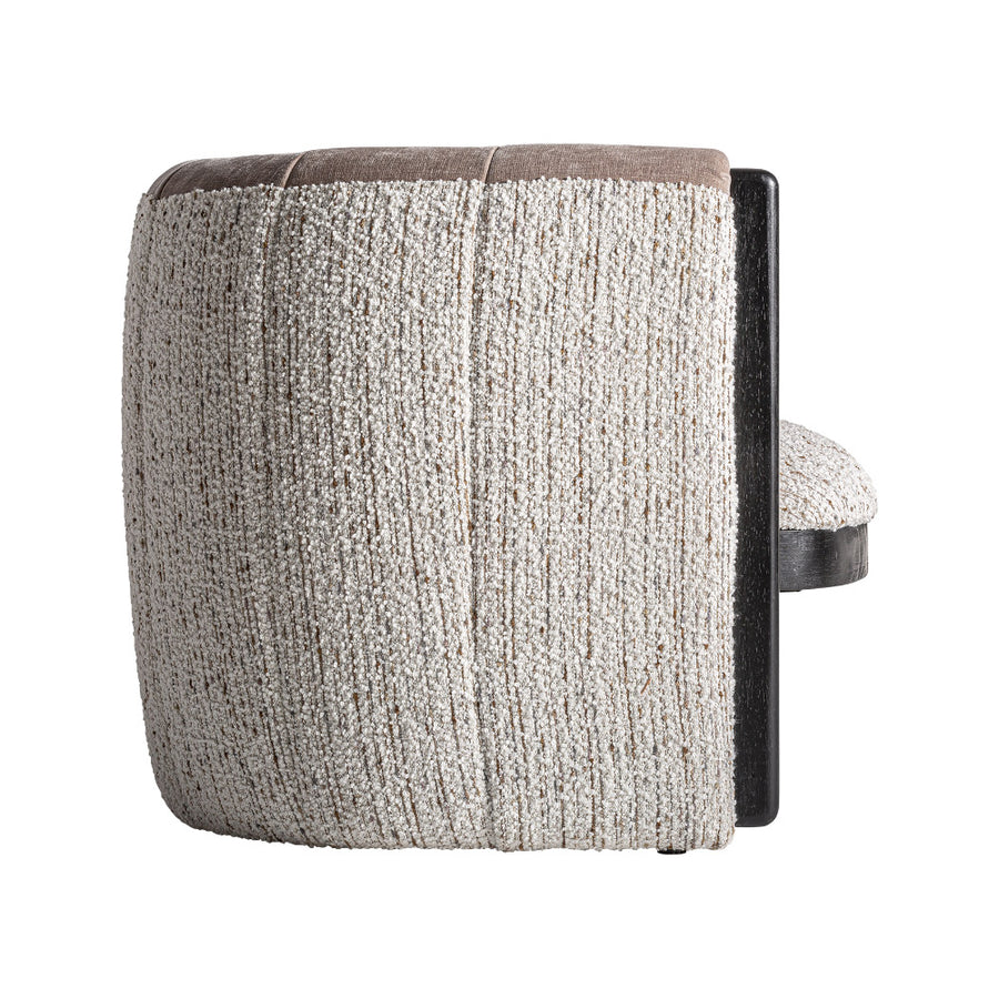 Erbach fotel oldalsó nézet – buklé hatású kárpit és fekete fa szerkezet