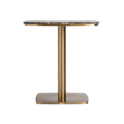 Aranyszínű acél lábú, barna márványlapos glamour bisztróasztal elölnézet – Valreas kollekció