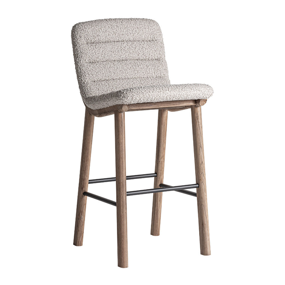 Jacquard bárszék háromnegyedes nézet – natúr nyírfa és bézs buklé kárpit