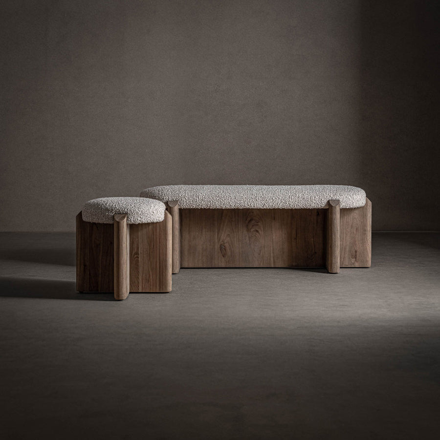 Jacquard ülőke és pad enteriőrben – naturális, modern kompozíció