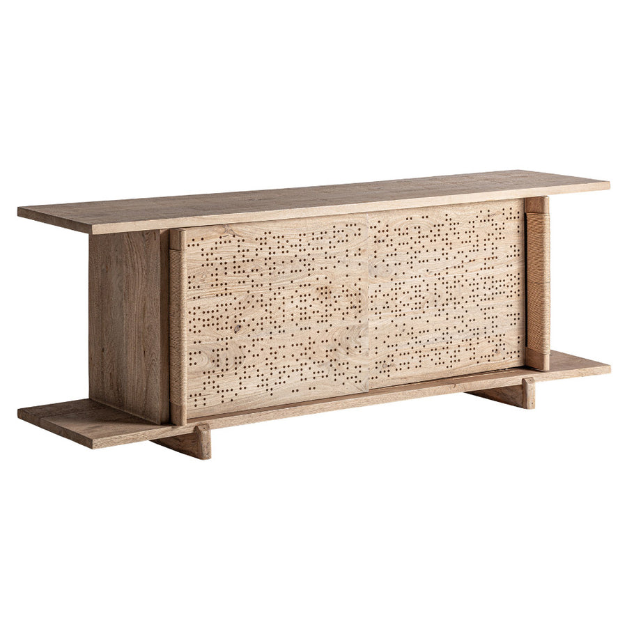 Nyírfa TV-állvány bal oldali háromnegyedes nézet – perforált mintás ajtókkal