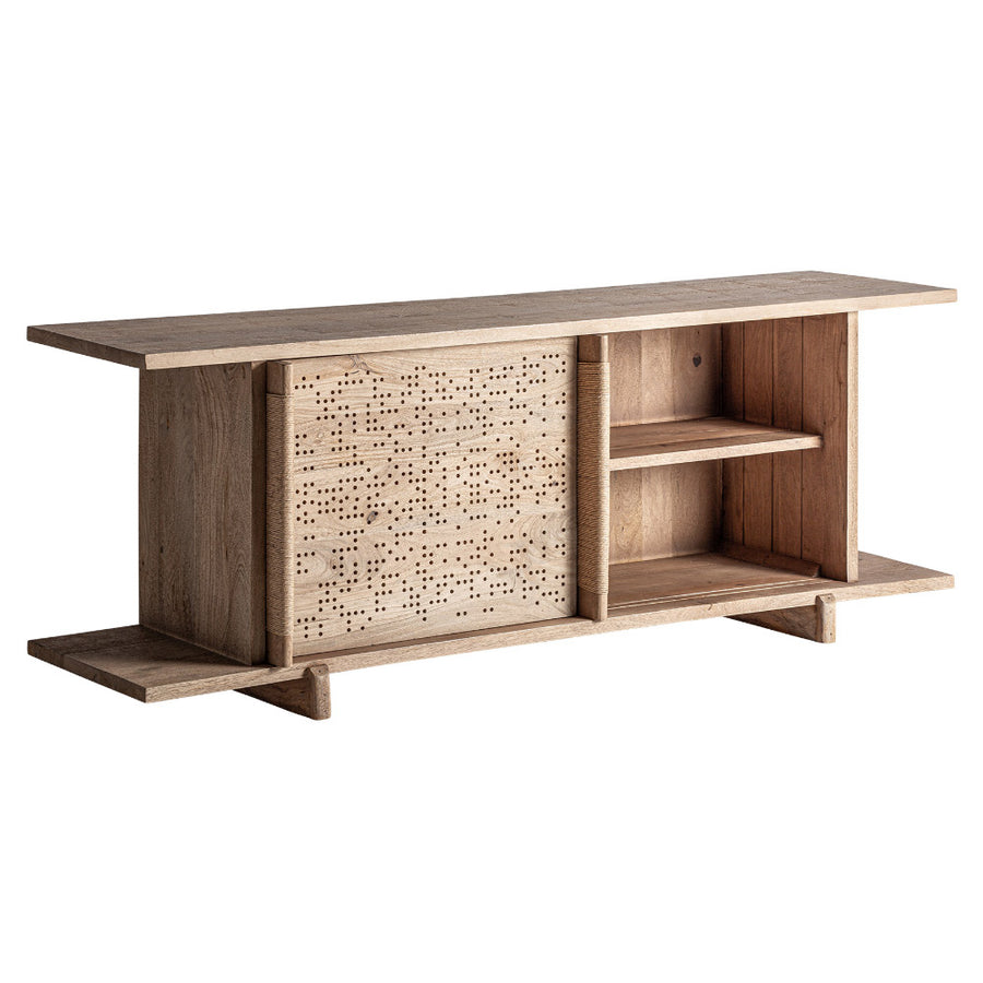 TV-állvány polcos tároló nyitott tolóajtóval – natúr nyírfa belső