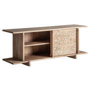 Nyitott tárolórekesz és perforált tolóajtó részlet – TV-állvány