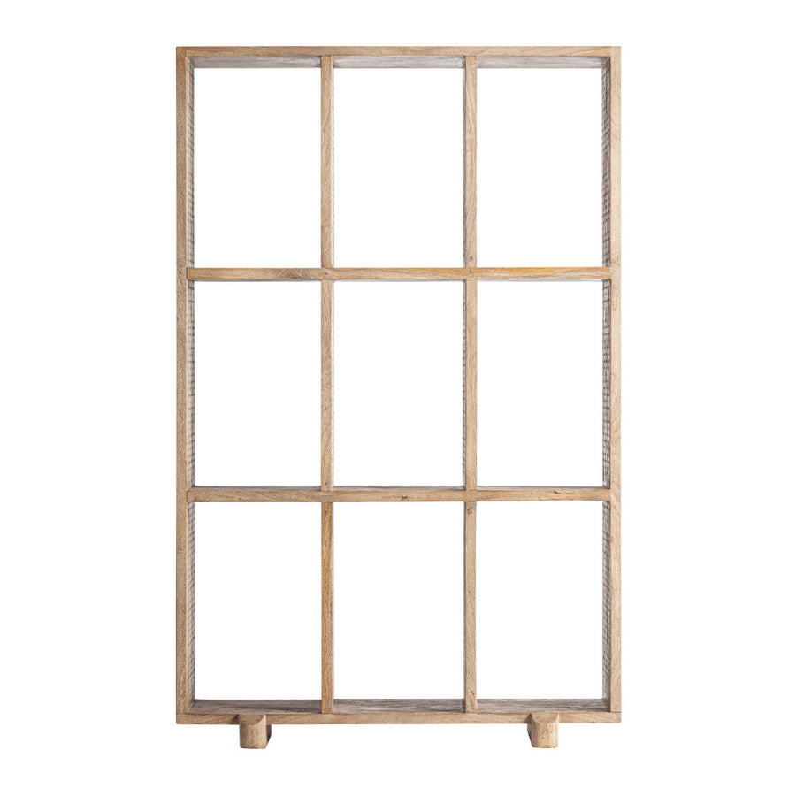 Natúr nyírfa Jacquard könyvespolc frontális nézetben – kilenc rekesszel