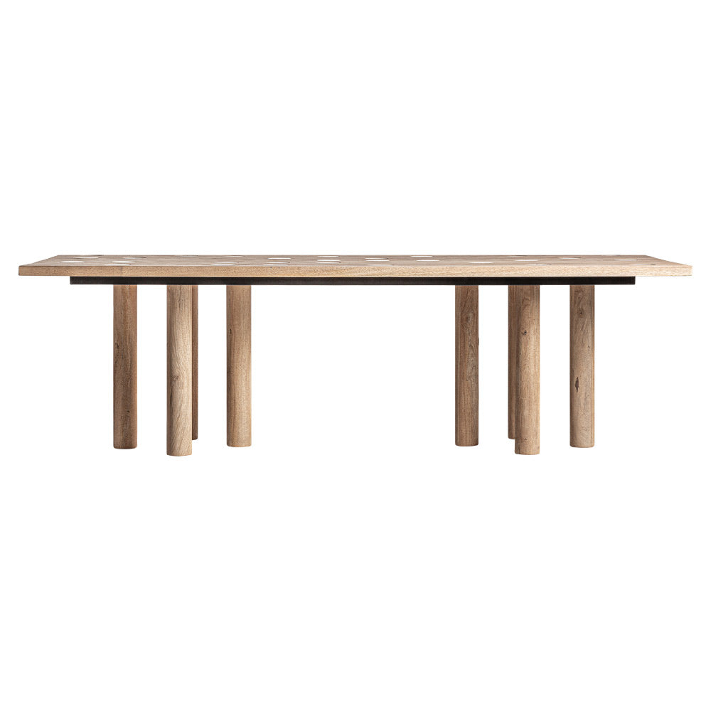 Jacquard étkezőasztal tömör mangófával és traventin kőbetétekkel – frontális nézet