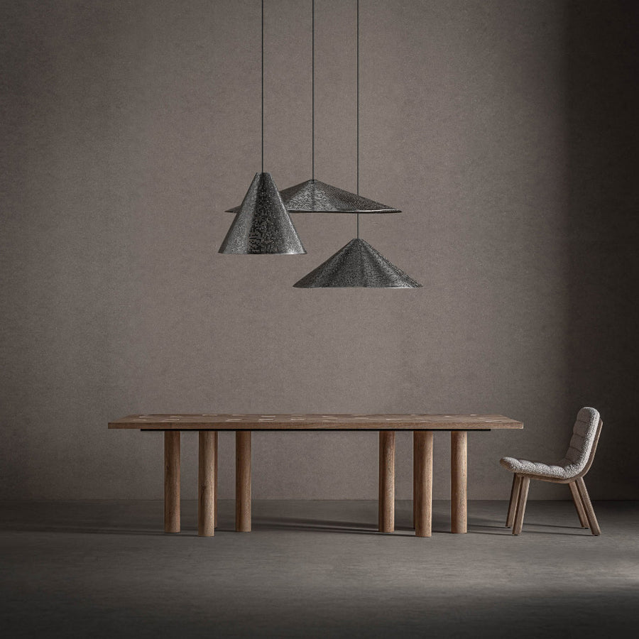 Jacquard étkezőasztal modern enteriőrben – hangulatkép, traventin betétes asztallappal