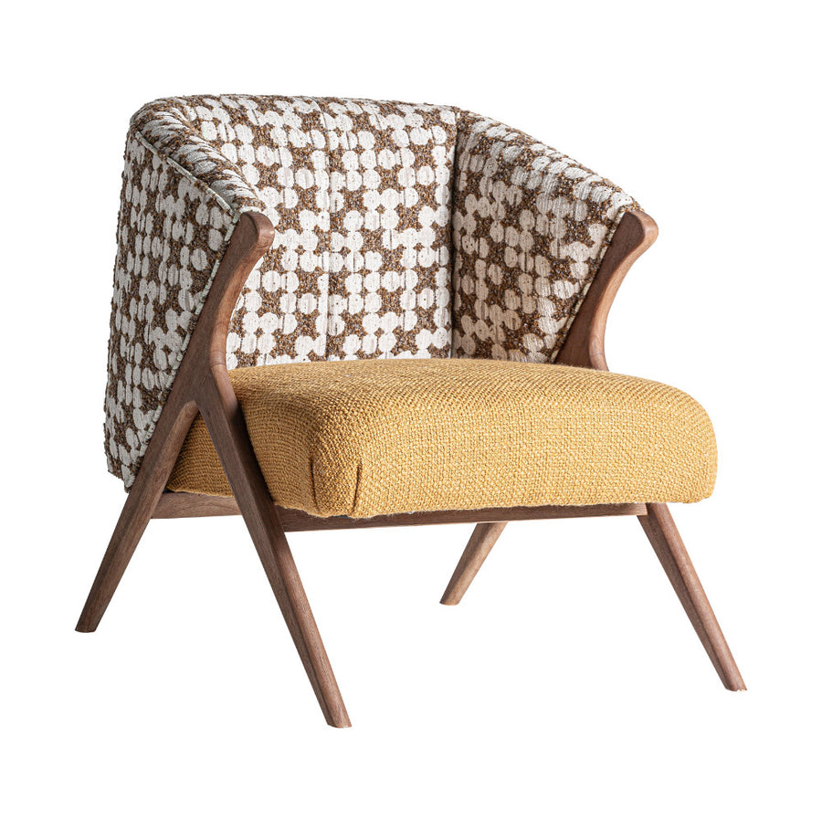 Dolving fotel perspektivikus nézet – okkersárga ülőfelület és barna–fehér mintás háttámla