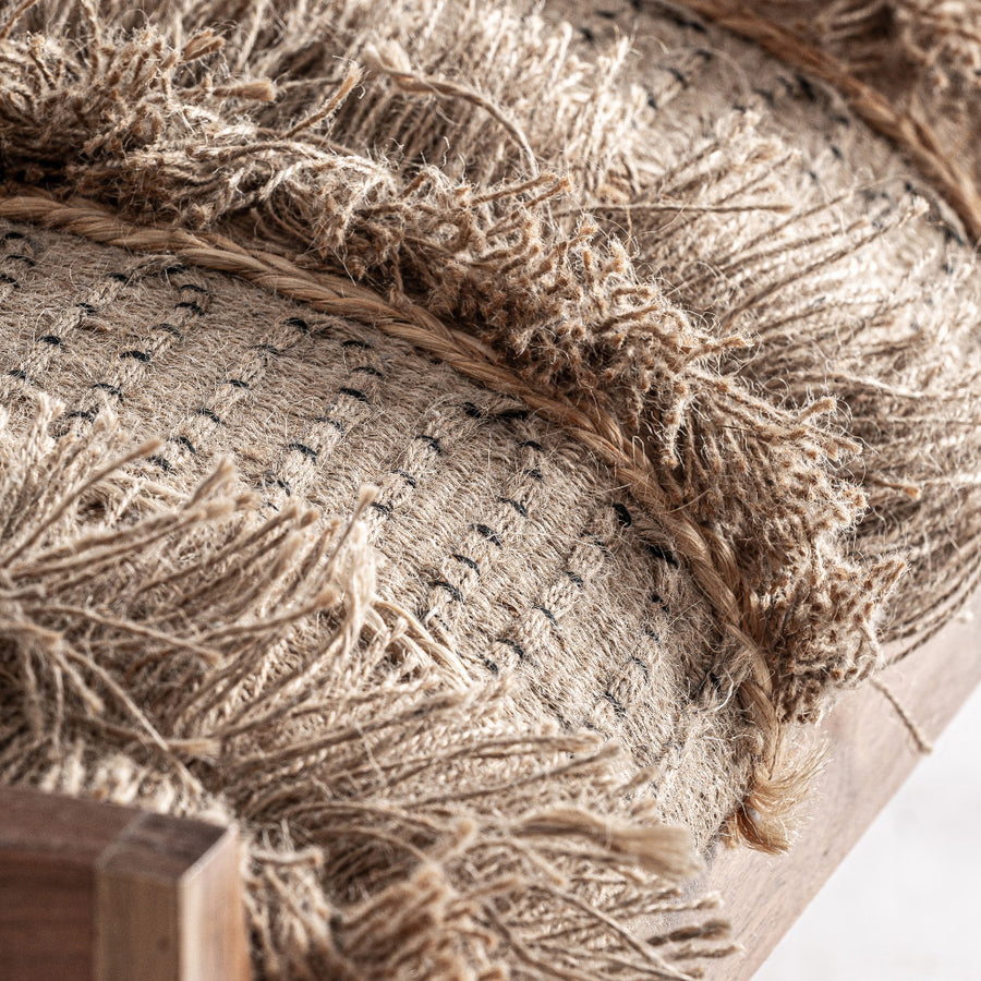 Pamut és juta textúra részlet – rojtdíszítés és mintázat, természetes földszínek