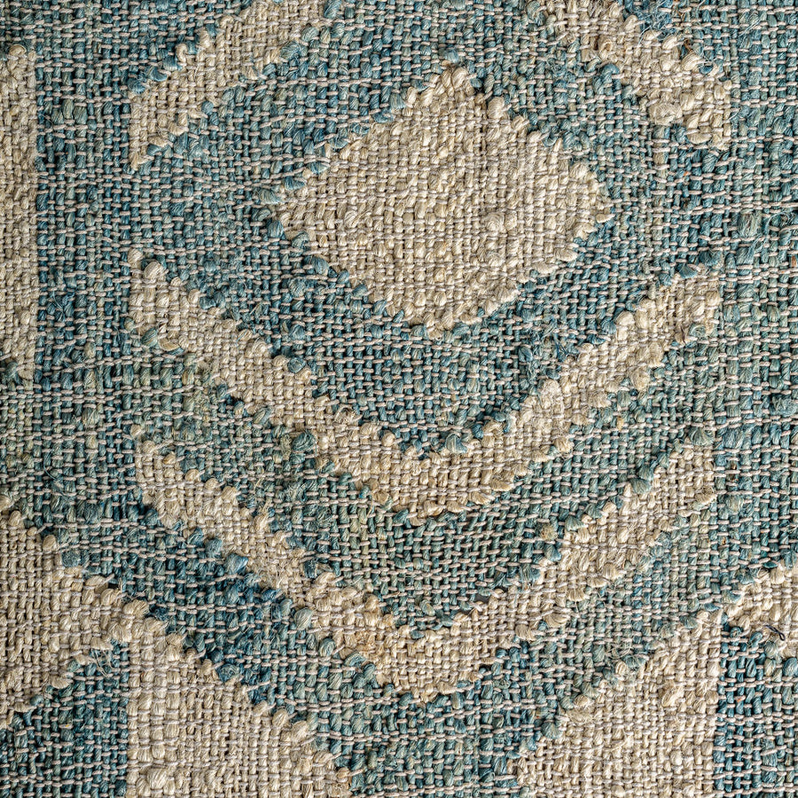 Kozakura szőnyeg részletfotó – kék juta és bézs pamut szövetszerkezet
