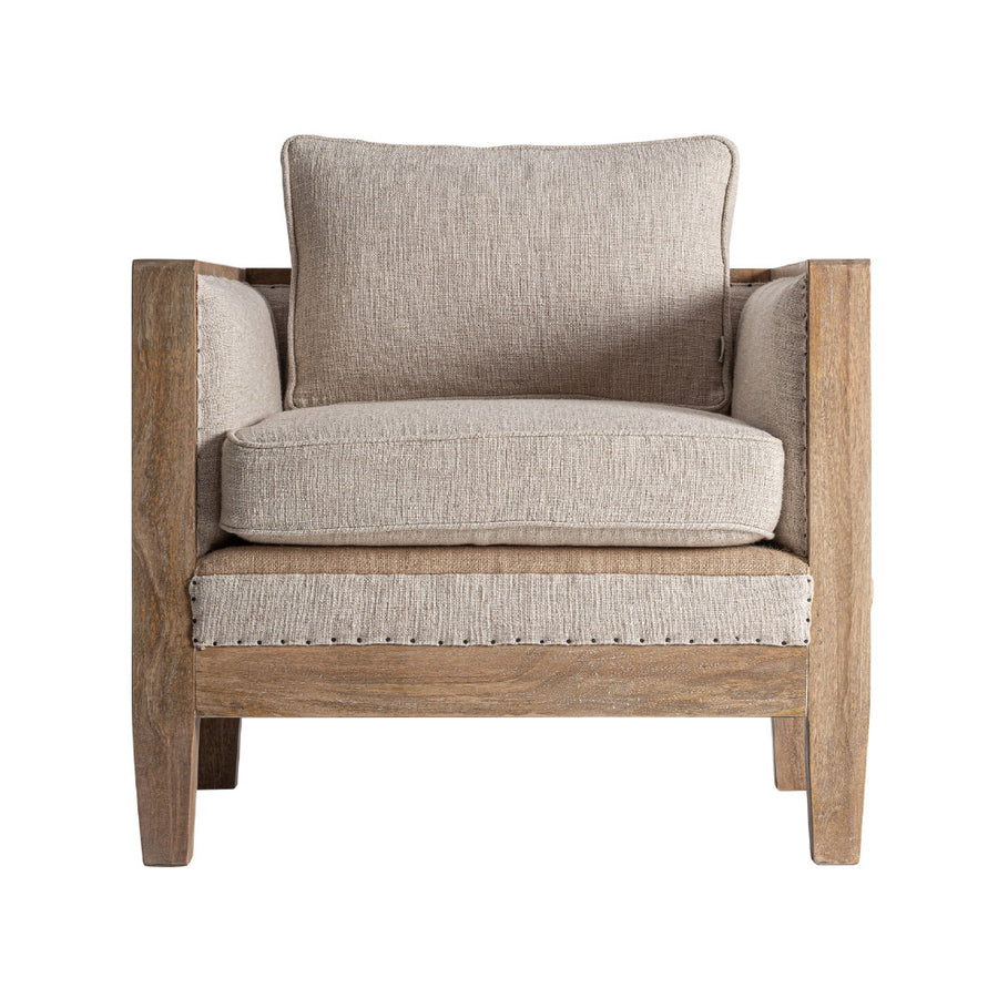 Grube fotel elölnézet – pácolt nyírfa szerkezet, bézs juta és vászon kárpit