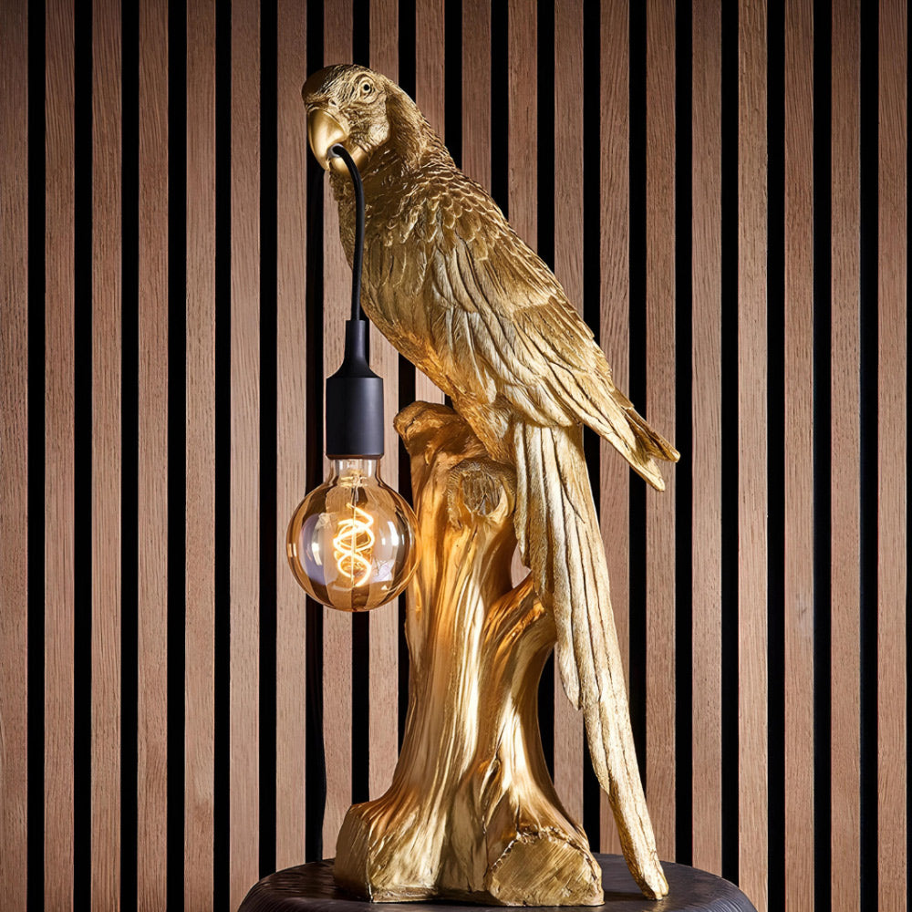 Aranyszínű papagáj figurás, 61 cm magas, trópusi, glamour stílusú asztali lámpa.