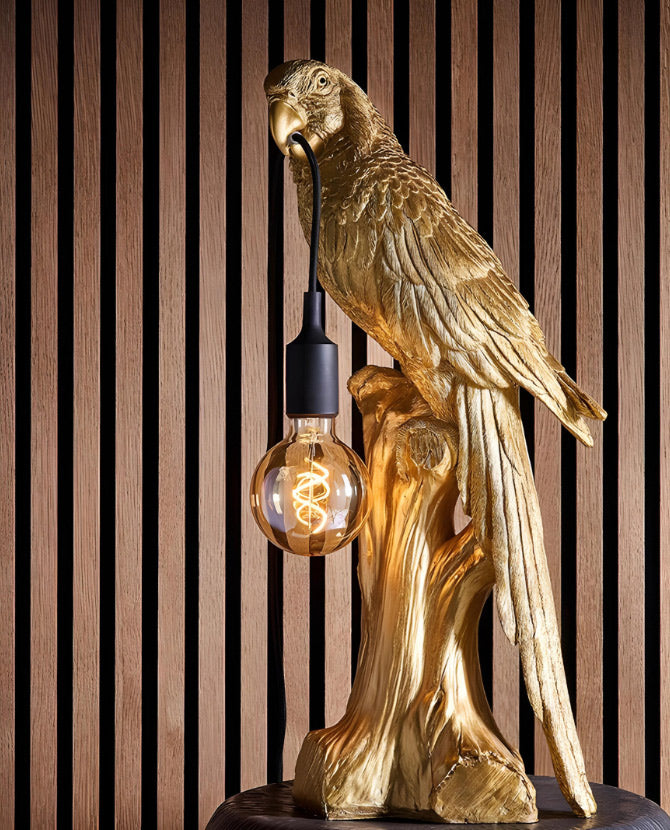 Aranyszínű papagáj figurás, 61 cm magas, trópusi, glamour stílusú asztali lámpa.