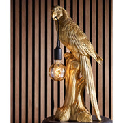 Aranyszínű papagáj figurás, 61 cm magas, trópusi, glamour stílusú asztali lámpa.