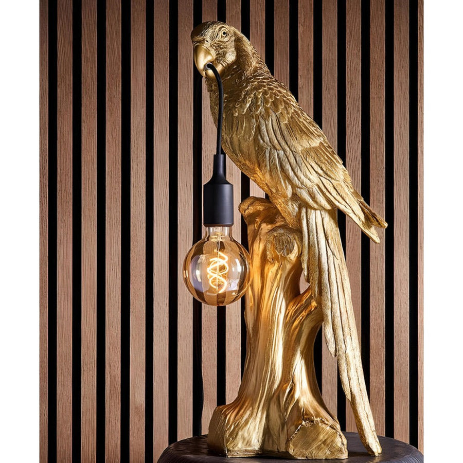 Aranyszínű papagáj figurás, 61 cm magas, trópusi, glamour stílusú asztali lámpa.