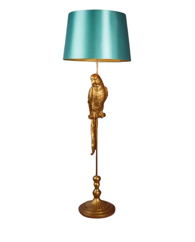 Aranyszínű papagáj figurás, glamour stílusú állólámpa, türkiz színű lámpaernyővel ,