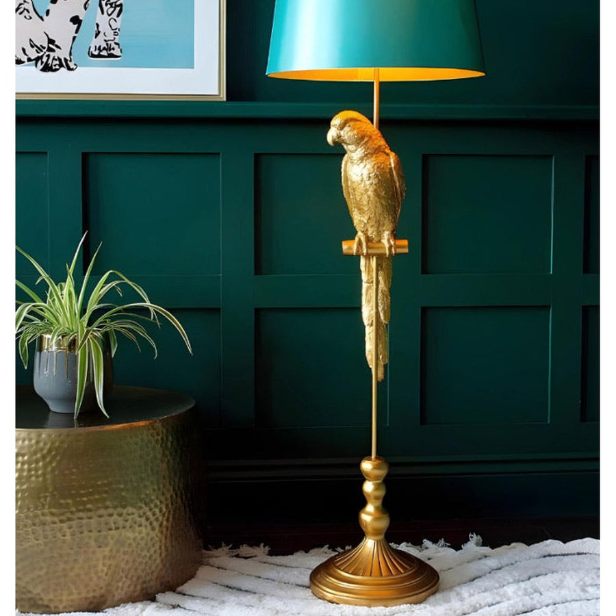 Aranyszínű papagáj figurás, glamour stílusú állólámpa, türkiz színű lámpaernyővel ,