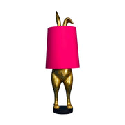 Aranyszínű, nyuszi formájú, glamour stílusú díjnyertes asztali lámpa rózsaszín búrával.