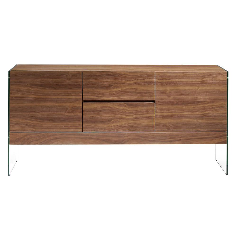 Kortárs stílusú, diófa furnérral borított, dizájn komódszekrény edzett üveg lábakkal.