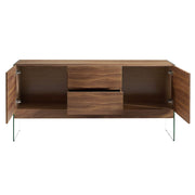 Kortárs stílusú, diófa furnérral borított, dizájn komódszekrény edzett üveg lábakkal.