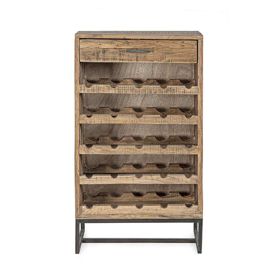 Akácfából és acélból készült bortároló szekrény.