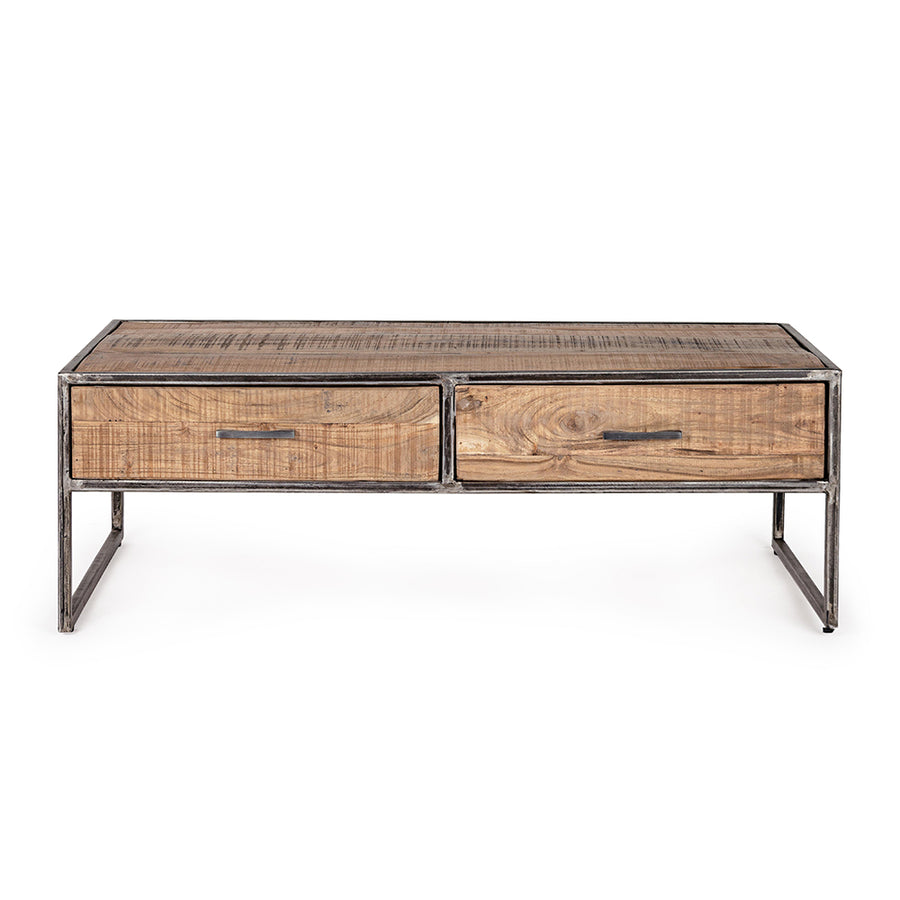 Akácfából és acélból készült dohányzóasztal két fiókkal.