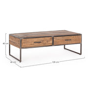 Akácfából és acélból készült dohányzóasztal két fiókkal.