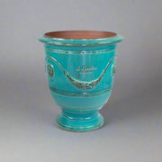 Türkizkék színű, anduze kerámiakaspó.