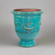 Türkizkék színű, anduze kerámiakaspó.