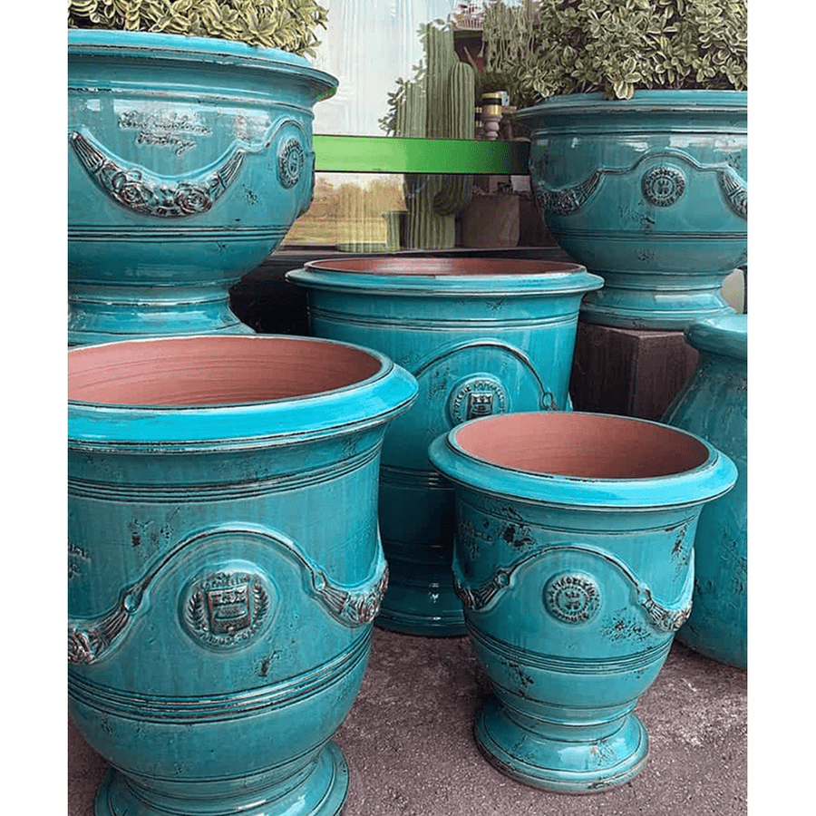 Türkizkék színű, anduze kerámiakaspó.