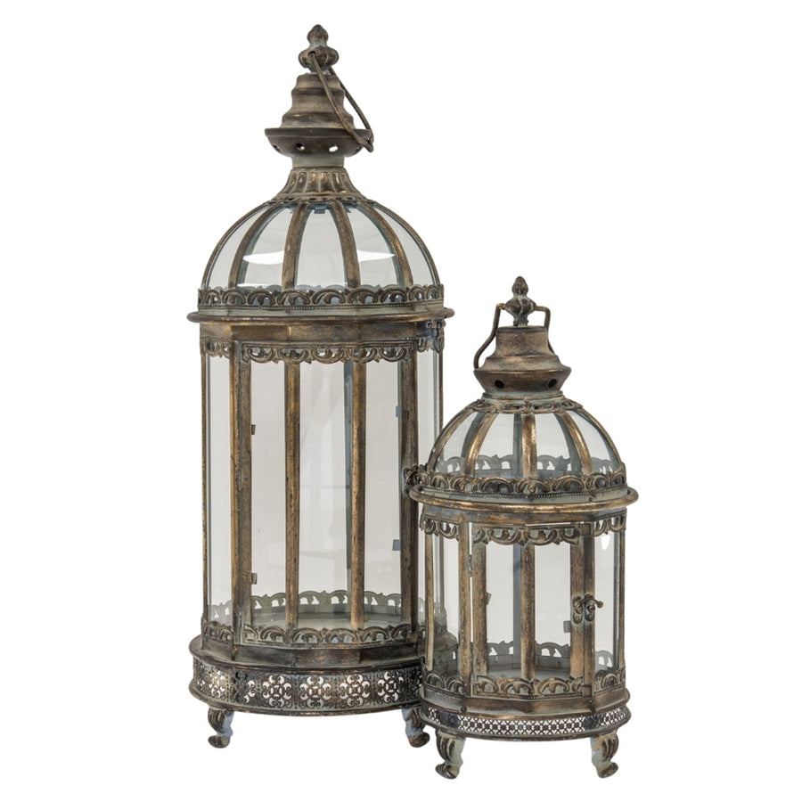 Aranyszínű, antikolt fém lámpás szett üveg oldalpanelekkel és díszített talprésszel, két méretben