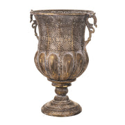 Dekoratív kialakítású, patinás felületű, aranyszínű, fém díszkaspó.