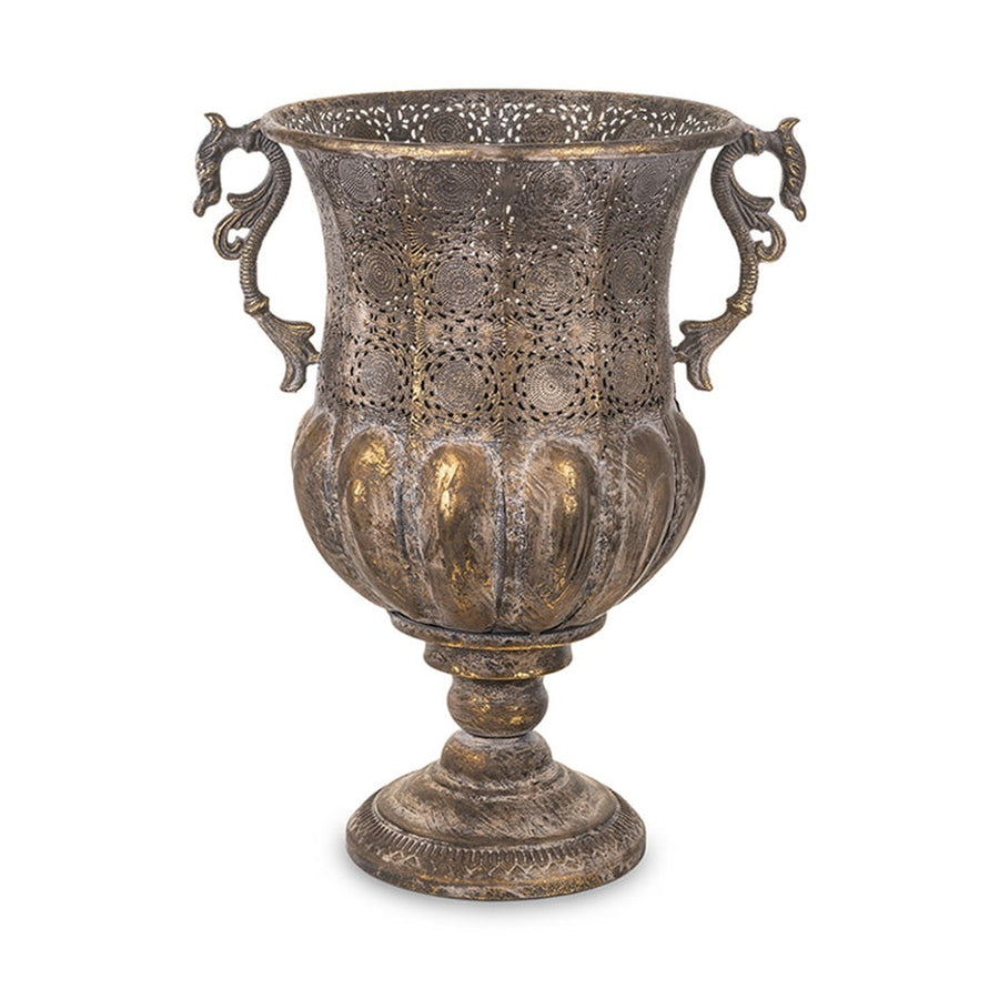 Dekoratív kialakítású, patinás felületű, aranyszínű, fém díszkaspó.