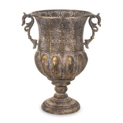 Dekoratív kialakítású, patinás felületű, aranyszínű, fém díszkaspó.