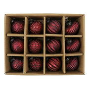 Antik meggybordó üveg karácsonyfadísz szett 12 db-os díszdobozban, négyféle mintázattal