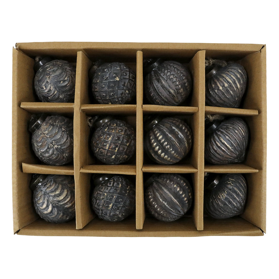 Antik mokka üveg karácsonyfadísz szett 12 darabos díszdobozban, rusztikus stílusban