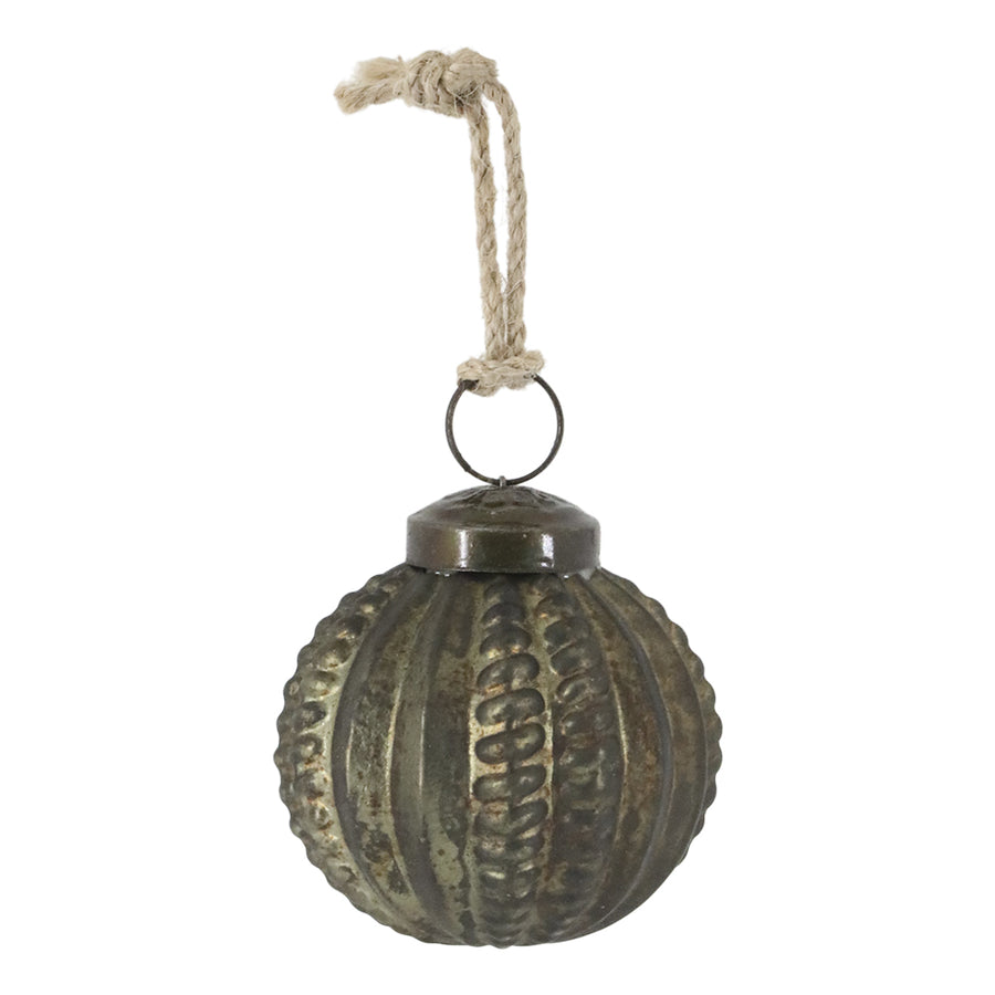 Vertikális mintás antik olívazöld üveg karácsonyfadísz rusztikus stílusban