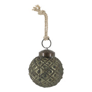 Rácsos felületű antik olívazöld üveggömb karácsonyfadísz vintage stílusban