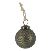 Levélmintás antik olívazöld üveg karácsonyfadísz juta akasztóval és antikolt fém záróelemmel