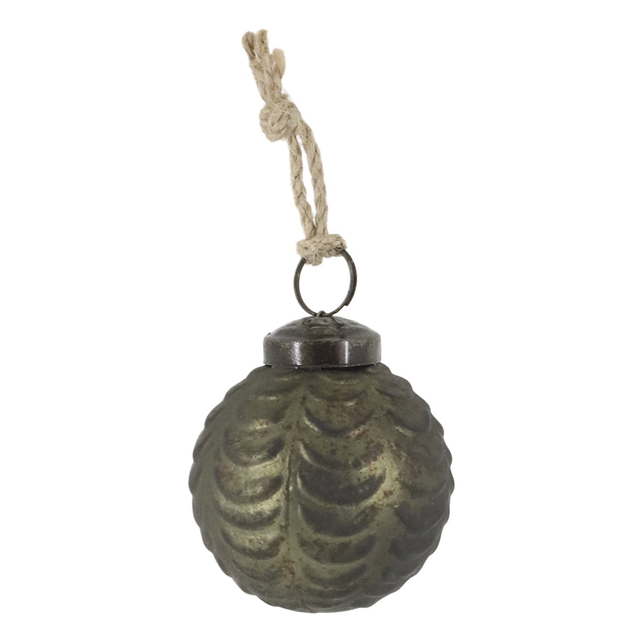 Levélmintás antik olívazöld üveg karácsonyfadísz juta akasztóval és antikolt fém záróelemmel