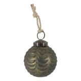 Levélmintás antik olívazöld üveg karácsonyfadísz juta akasztóval és antikolt fém záróelemmel