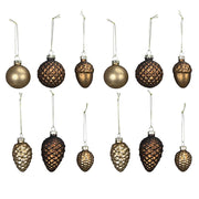 Antique bronz üveg karácsonyfadísz szett 12 darabos kiszerelésben, különböző formákkal – gömb, toboz és makk mintákkal.