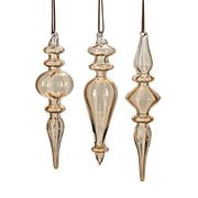 Három darab borostyánsárga, kézzel fújt üveg jégcsap karácsonyfadísz szett, különböző elegáns formákkal.