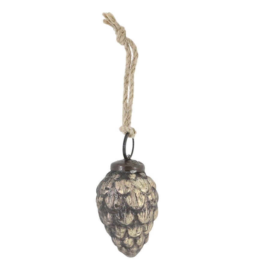 Toboz formájú antik mokka üveg karácsonyfadísz juta akasztóval, vintage stílusban