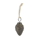 Toboz formájú antik olívazöld üveg karácsonyfadísz juta akasztóval, vintage stílusban